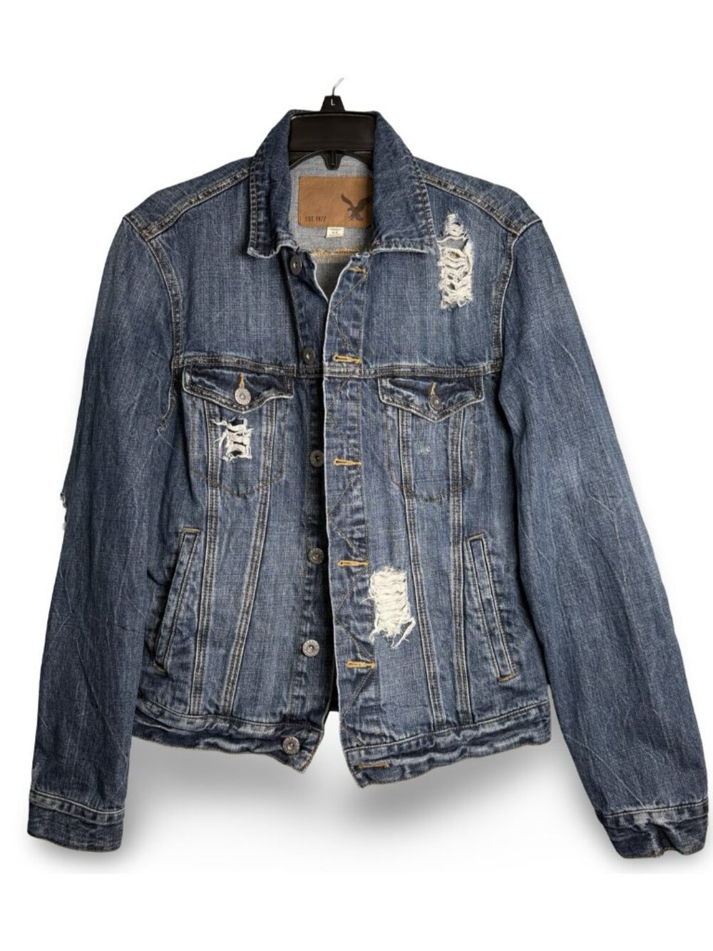 American Eagle Distressed Denim Trucker Jacket Mens S Blue Ripped Grunge Street
